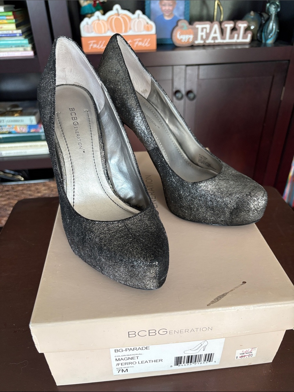 BCBGeneration “Magnet” (Pewter) Sparkle Pointed-Toe High Heels
